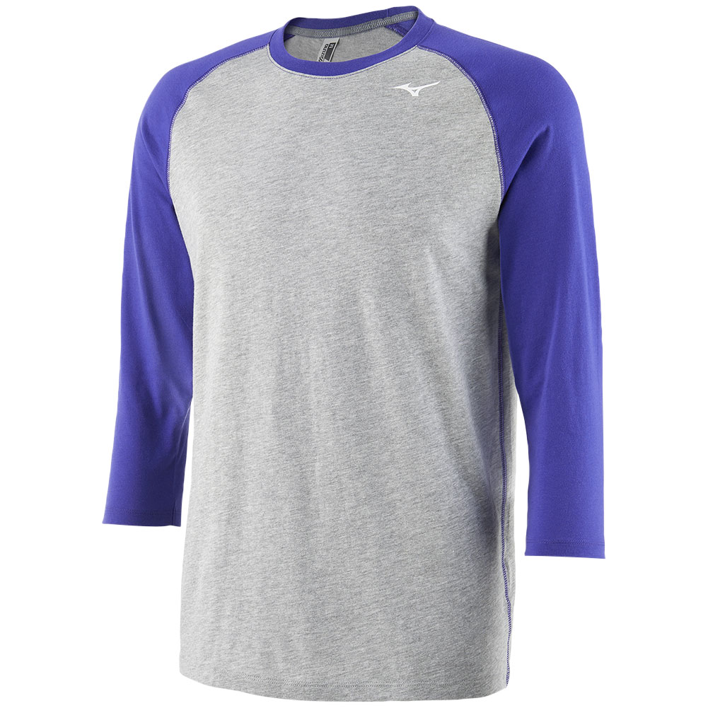 Mizuno Mens 3/4 Practice Tee, Men's, Medium, Grey/Royal