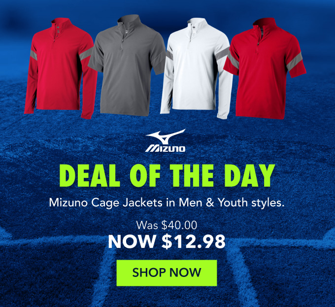Deal of the day Mizuno Cage Jackets in Men & Youth styles. Was $40.00 NOW $12.98 shop now