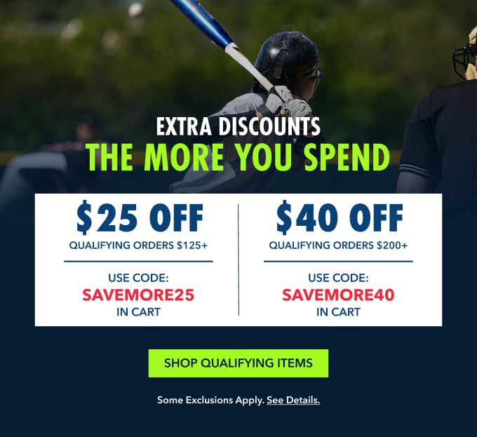 Extra discounts the more you spend $25 OFF QUALIFYING ORDERS $125+ USE CODE: SAVEMORE25 IN CART $40 OFF QUALIFYING ORDERS $200+ USE CODE: SAVEMORE40 IN CART Shop Qualifying Items
